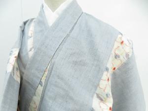 リサイクル　紬　縞取り椿模様　着物